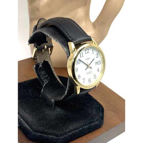 Timex Men's Watch T2H291 Quartz Indiglo Gold White Dial Black Leather Band 35mm - Picture 14 of 14